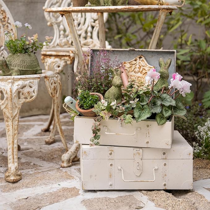 Vintage Metal Storage Trunks - Set of 2, Antique Decorative Storage Chests with Lids, Decorative Suitcase Boxes, Vintage Suitcases for Keepsakes and Home Decor, White