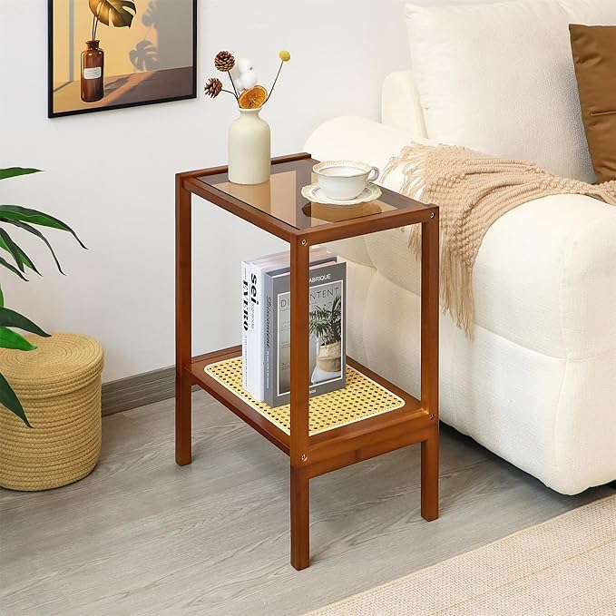2-Tier Bamboo Side Table, Modern Glasstop Rattan Side Table, Mid Century Wood Sofa-Side End Tables for Living Room, Bedroom Night Stand with Storage, Small Narrow Coffee Tables, Walnut
