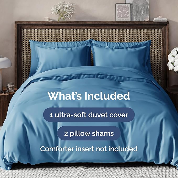 CGK Unlimited Duvet Cover Full Size Set - Extra Soft Full Size Duvet Cover 80 x 90 with 2 Pillow Shams - Hotel Quality w/Zipper Closures & Ties - Bedding and Bed Linens Set (Denim Blue)
