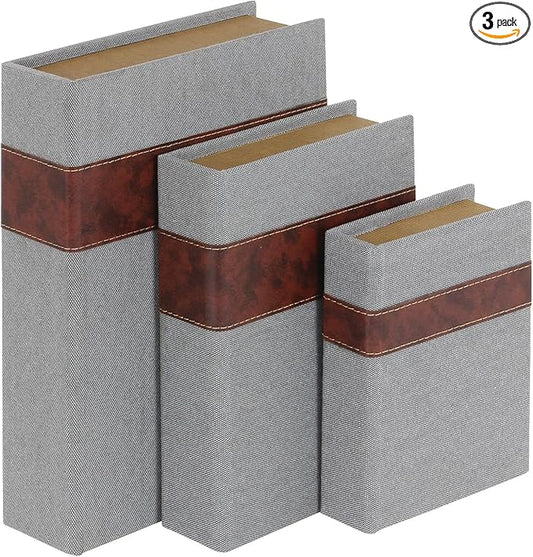 Deco 79 Linen Fabric Decorative Box Faux Storage Book Book Shaped Boxes with Faux Leather Detailing, Set of 3 Decorative Keepsake Boxes 15", 12", 9"H, Gray