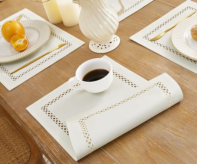 Burlap Placemats Set of 6, 12 x 18 Inch Rustic Geometric Hollow Place Mats, Heat Resistant Placemats for Farmhouse Kitchen Table Decor, Off White 6PCS