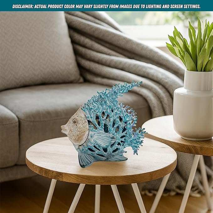Ocean Decor - Aqua Coral Reef Angelfish Sculpture for Beach Home and Coastal Tabletop Collection, 7x7 Inches