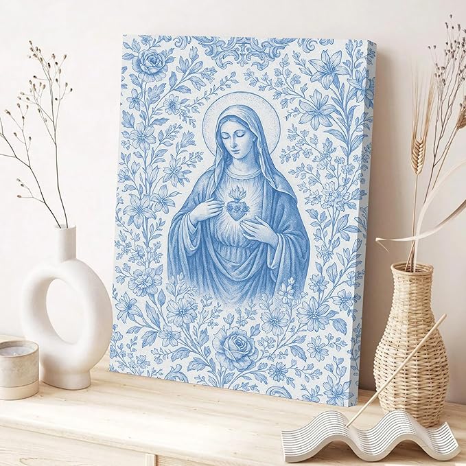 Blue Virgin Mary Immaculate Heart Canvas Wall Art Christian Catholic Wall Decor Our Lady of Guadalupe Portrait Poster Prints Religious Bible Artwork for Living Room Prayer Room Church 12x16in