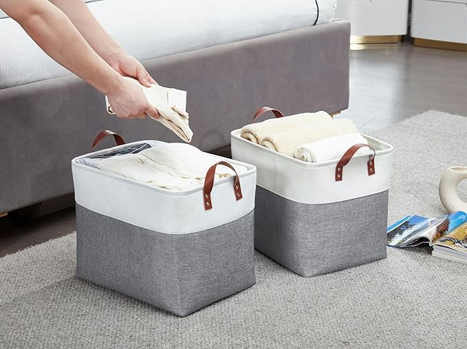 DECOMOMO Large Fabric Storage Baskets - Linen Closet Storage Bins with Handles for Laundry, Clothes, Home, Office (Slate Grey & White, XXL - 3 Pack)