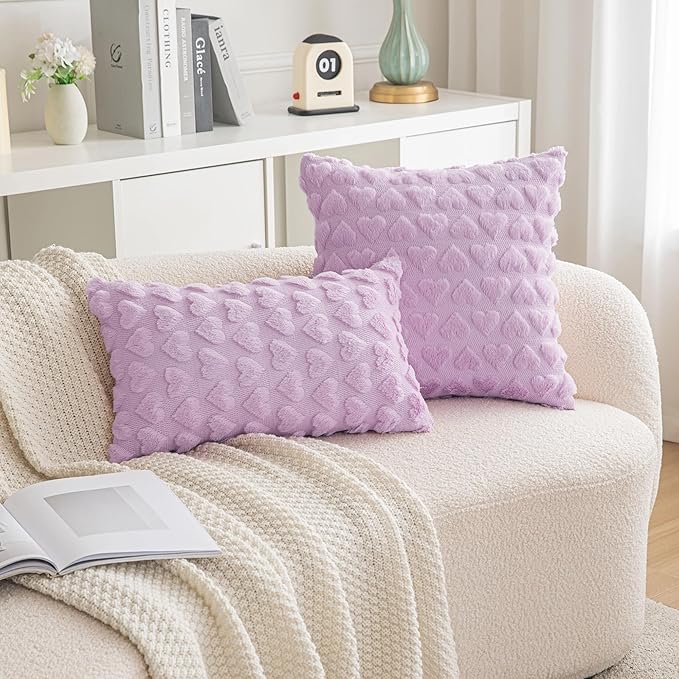 AQOTHES Set of 2 Heart Love Cute Purple Decorative Valentines Throw Pillow Covers 12x20, Soft Plush Faux Fur Pillow Covers for Couch Sofa Home Valentines Day Decoration