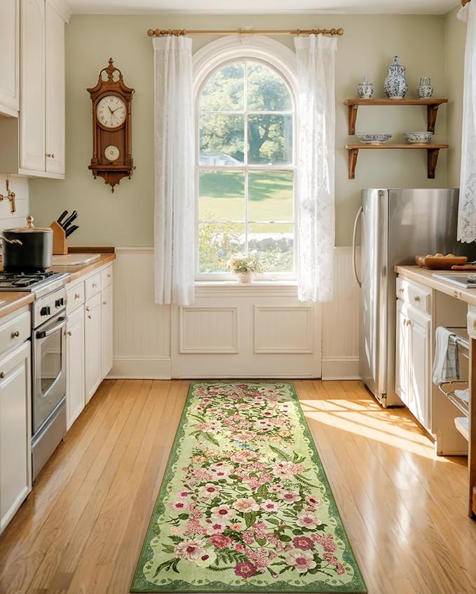 AREAMAY Floral Runner Rug 2x6 - Washable Vintage Bedroom Runner Rug Low Pile Non-Slip Carpet for Entryway Hallway, Laundry, Bathroom, Kitchen - Soft, Stain Resistant Indoor Area Rug - Green