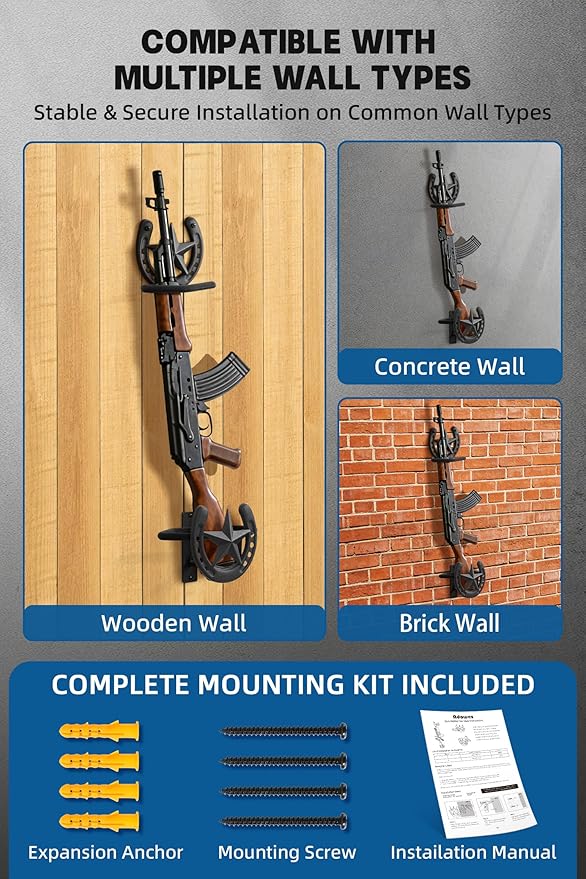 Adowes Gun Rack for Wall Western Shotgun Rifle Rack Wall Mount Metal Wall Gun Hanger Holder Display for Sword Bow Firearm Texas Star and Horseshoe