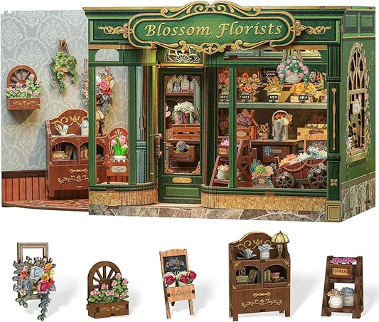 Cutefun Book Nook Kit - DIY Miniature Flower Shop Booknook Kits for Adults and Teens, 3D Wooden Puzzle Bookend Bookshelf with LED Light, Gifts for Family and Friends (Blossom Florists)