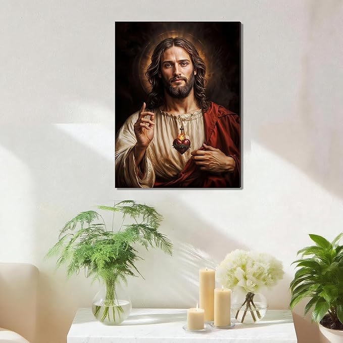Framed Sacred Heart of Jesus Wall Art, Christian Divine Mercy Paintings Wall Decor, Christ Portrait Pictures Canvas Prints Catholic Religious Home Decor for Church Prayer Room Living Room 16X24 inch
