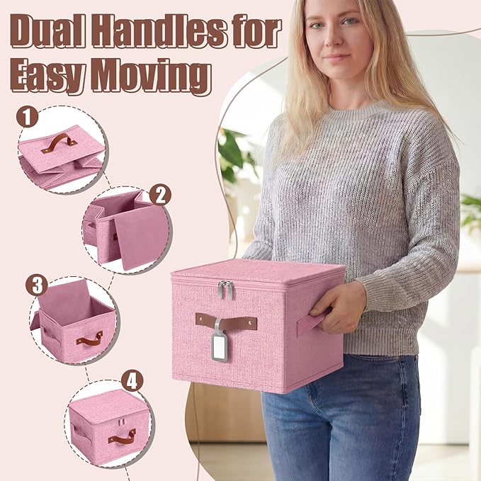 6 Pack Fabric Storage Bins with Lids and Label, 10×8×7Inch Foldable Cotton Linen Cute Storage Boxes with PU Leather Handles for Closet, Bedroom, Shelf, Nursery, Pink