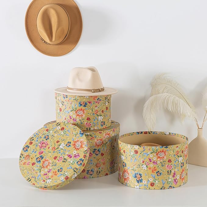 Soul & Lane Botanica Bliss Gold Round Hat Boxes with Lids - Set of 3: Nesting Cardboard Hat Storage, Boho Floral Print Cases, Stacking Circle Decorative Keepsake Boxes