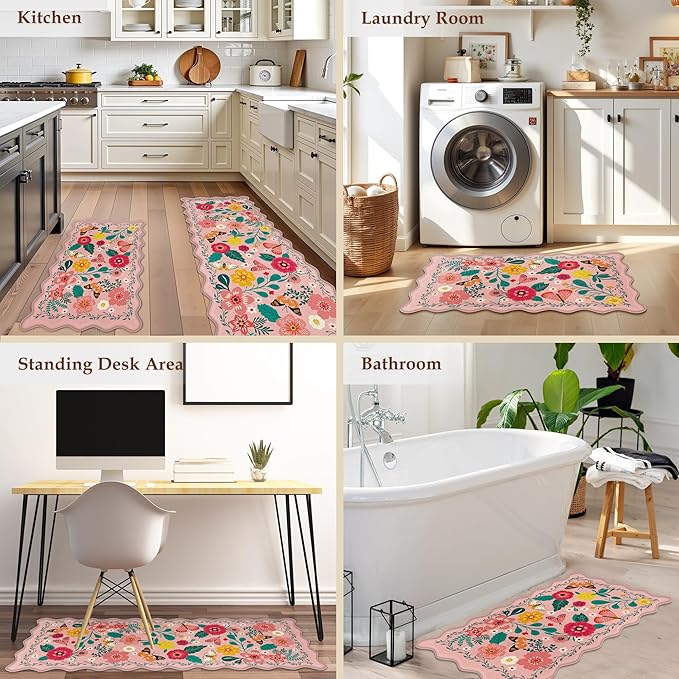 Scalloped Pink Kitchen Mats for Floor 2PC Cushioned Anti Fatigue Kitchen Mats Rugs Waterproof Non Slip Farmhouse Boho Floral Comfort Foam Standing Mat for Sink Laundry