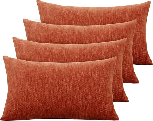Set of 4 Rust Red Throw Pillow Covers 12x20 Inch, Neutral Boho Farmhouse Aesthetic Decorative Pillow Cases for Couch, Sofa, Living Room & Bed, Soft Chenille Pillow Cases, Stylish Home Decor, 30x50 cm
