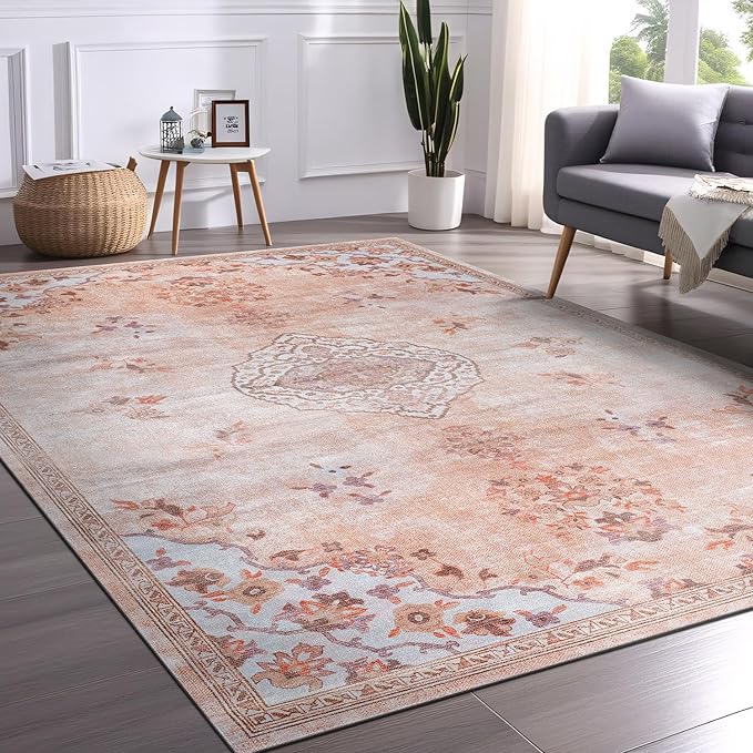 Beverly Rug Non Slip Rugs 6x9 Boho Medallion Floral Non Skid Rubber Backing Easy Silk Soft Area Rug for Living Room Easy to Clean Non Shedding Kitchen Bedroom Indoor Carpet (6 x 9 Pink - Aqua)