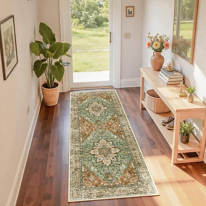 RELEANY Area Rugs 2'x6' Washable Non-Slip, Floral Vintage Distress Print Pattern Medallion Carpet for Living Room Bedroom Dining Room, Brick Red Rust Neutral Brown Burnt Orange Green