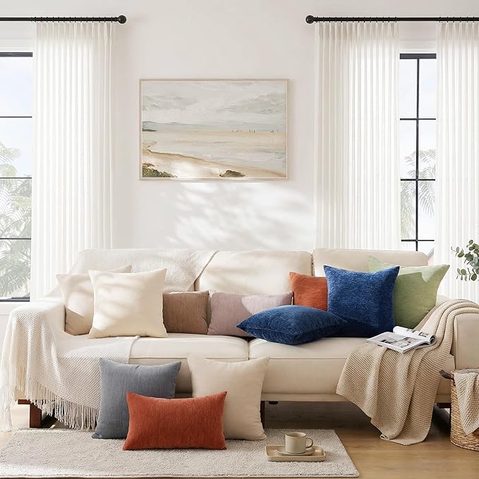 Set of 4 Neutral Throw Pillow Covers 16x16 Inch, Neutral Boho Farmhouse Aesthetic Decorative Pillow Cases for Couch, Sofa, Living Room & Bed, Soft Chenille Pillow Cases, Stylish Home Decor, 40x40 cm