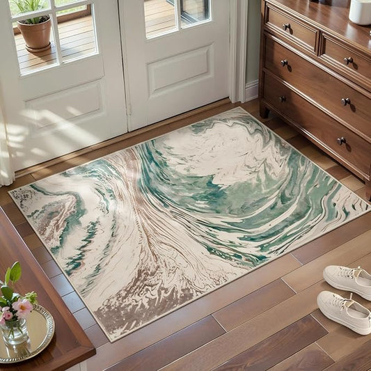 Ciicool Modern Abstract Area Rug 2x3 Washable Small Soft Entryway Rugs, Green Non-Slip Low Pile Throw Swirl Entry Rug, Foldable Kitchen Bathroom Rugs Floor Carpet for Entrance Bedroom Indoor Doormat