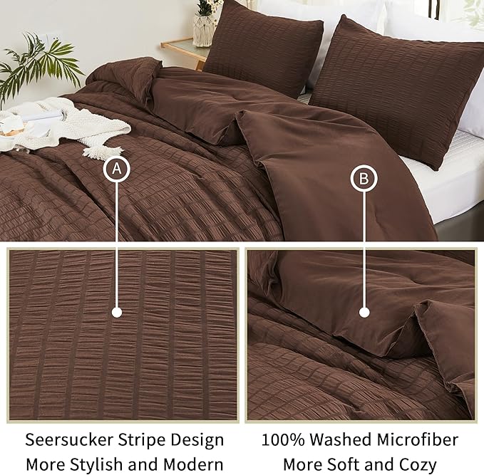 AveLom Brown Seersucker King Comforter Set (104x90 inches), 3 Pieces-100% Soft Washed Microfiber Lightweight Comforter with 2 Pillowcases, All Season Down Alternative Comforter Set for Bedding