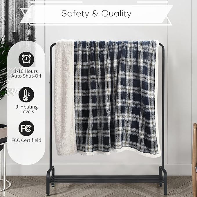 Electric Heated Blanket Full Size 72"x84" - Microplush & Sherpa Fabric Dual-Sided, 9 Heat Settings & 1-10 Hours Auto Off , Cozy Warming Throw for Home, Office, or Bed, Machine Washable, Geometric Grid