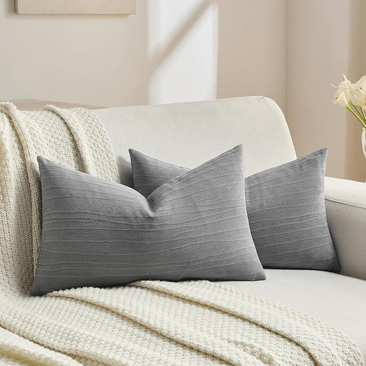 FUTEI Dark Grey Chenille Decorative Throw Pillow Covers 12x20 Inch Set of 2,Soft Crushed Striped Texture Lumbar Pillow Cases,Modern Home Decor for Couch Bed Living Room