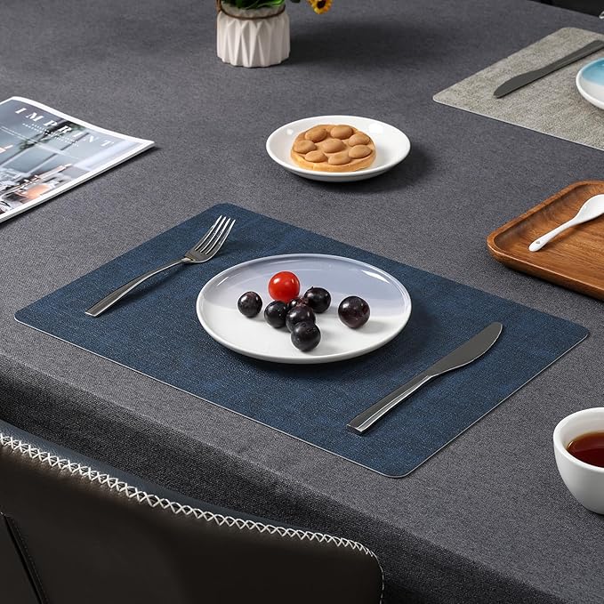 Myir JUN Placemats Dual Sided, Faux Leather Place Mats Indoor Set of 8 for Dining Table Non-Slip Washable Placemat Heat Resistant Outdoor Table Mats (Set of 8, Gray Blue)