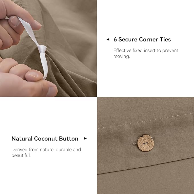 JELLYMONI Cotton Duvet Cover Queen Size - Khaki Comforter Cover with Button 100% Washed Cotton 3PCS Breathable Soft Solid Bedding Set Duvet Cover 90×90in & 2 Pillowcases (NO Comforter)