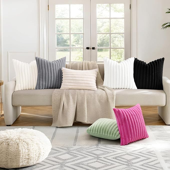 decorUhome Faux Fur Spring Throw Pillow Covers 20x20 Set of 2, Decorative Soft Plush Striped Neutral Couch Pillow Covers with Velvet Back for Sofa, Bed, Living Room Home, Grey