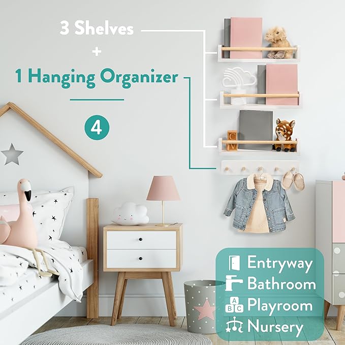 Nursery Floating Shelves with Hook Rack - 16.5 inch, Set of 4 Solid Wood Wall Storage for Books, Toys, Blankets, Clothes - Modern Kids Room, Nursery Decor (Snowy Alpine White)