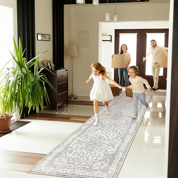 Lahome Oriental Runner for Hallways 2.5x10 Washable Beige Kitchen Runners Non Skid Long Entryway Rug Runners 10ft Ulra-Thin Soft Indoor Boho Rug Traditional Carpet for Laundry Living Room