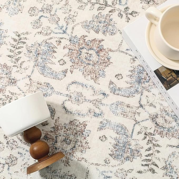 PureCozy Taupe Area Rug 5x8 Machine Washable Vintage Living Room Distressed Non Slip Carpet Traditional Indoor Bedroom Retro Floral Accent Throw Large Rug for Office Kitchen Bathroom Dining Room
