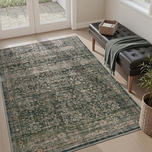 MontVoo-Vintage Area Rug 3x5 Green Rugs for Living Room-Soft Distressed Printed Rugs for Bedroom-Non Slip Carpet-Machine Washable Rug for Dining Room Living Room Bedside Office