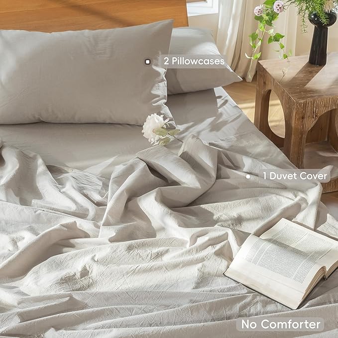 MooMee Bedding Duvet Cover Set 100% Washed Cotton Linen Like Textured Breathable Durable Soft Comfy (Heathered Cream Grey, King 104"x90")