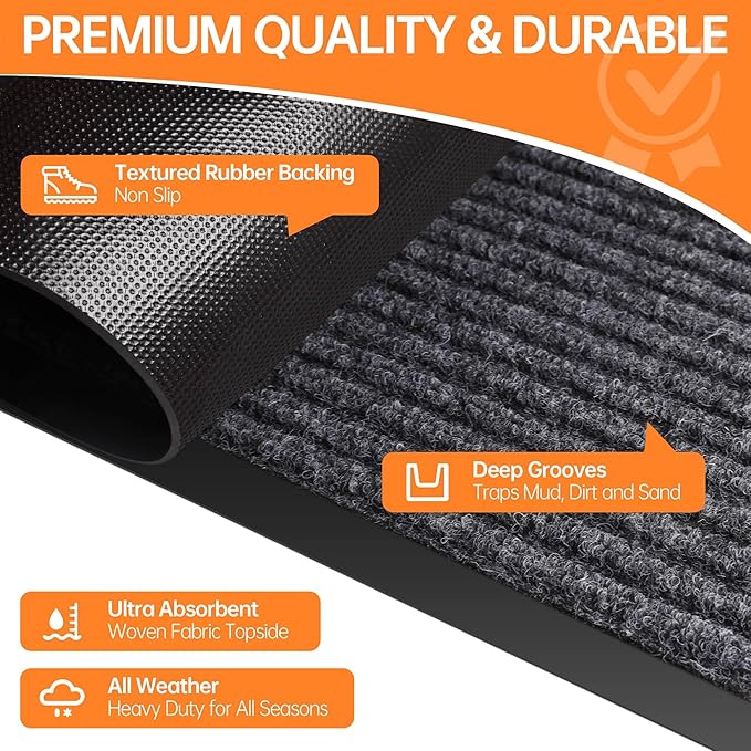 Indoor Outdoor Door Mat, 6’ x 3' Doormat for Entryway, Rubber Backing Non Slip Front Door Mat Outside Entrance, Super Absorbent Commercial Floor Mat for Home Office, Grey