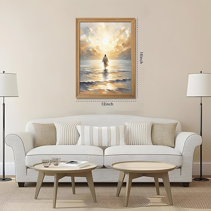 Framed 3D Textured Jesus Walking on Water Wall Art, Christian Bible Stories Wall Decor Paintings, Jesus Walks on Water on Water Back Posters Prints Pictures for Church Living Room Bedroom 12x16 Inch