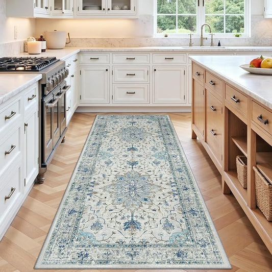 RELEANY Area Rugs 3'x8' Washable Non-Slip, Floral Vintage Distress Print Pattern Medallion Carpet for Living Room Bedroom Dining Room, Light Blue Navy Beige Gray White