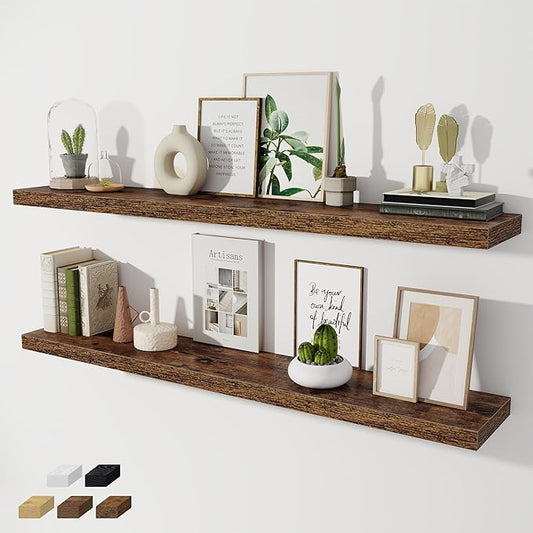 Fun Memories 55 Inch Long Floating Shelves for Wall, 8" Deep Floating Shelves for Bathroom Living Room Bedroom, Rustic Wall Mounted Shelf with Invisible Heavy-Duty Bracket, Set of 2, Rustic Brown