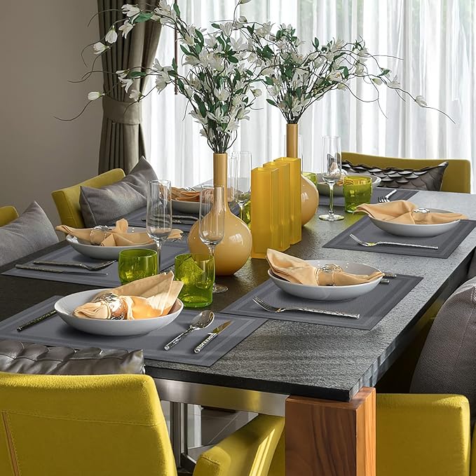 Winknowl Placemats Set of 6，Heat Resistant Woven Vinyl Washable PVC Place Mats，Non-Slip Stain Resistant Indoor/Outdoor Table Mats for Dining Table (Grey)