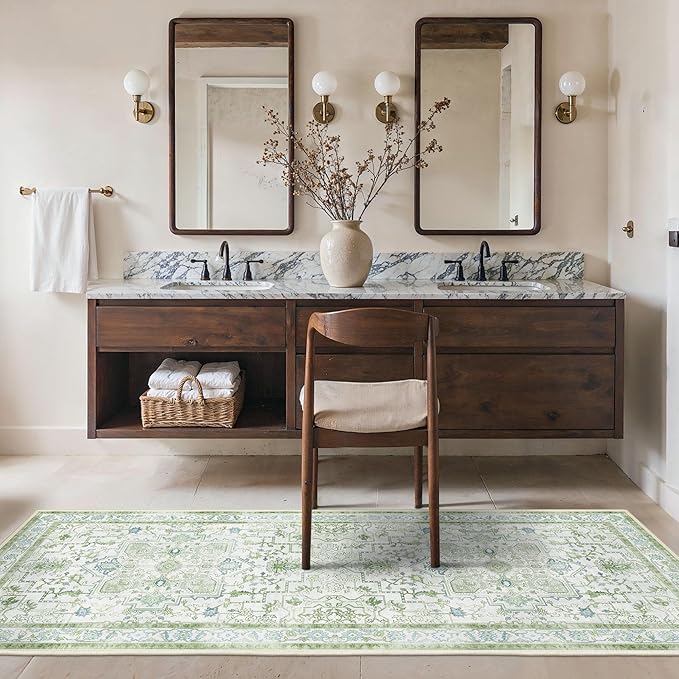 BESBLEE Runner Rug 2'6''x6 Non Slip Machine Washable Vintage Hallway Runner Rug, Low PileLight Weight Rugs for Entryway, Hallway, Kitchen and Corridor, Cream Green