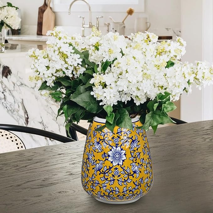 Hollyone Blue and Yellow Porcelain Vase Chinoiserie Floral Vases Large Vintage Tall Blue Ceramic Vase for Home Mantle Shelf Living Room Table Centerpieces Decor, 7 Inch