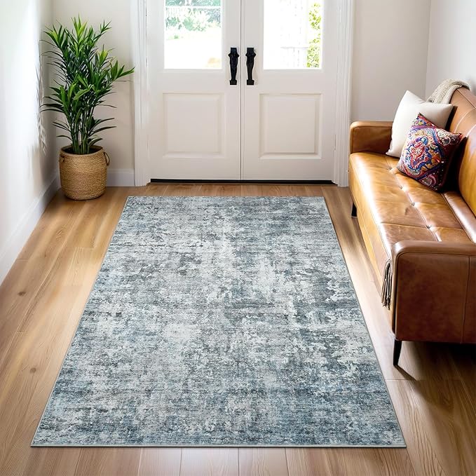 Soalmost 3x5 Rug, Small Area for Kitchen, Entryway, Machine Washable Non-Slip Throw Rug, Vintage Carpet for Nursery Coffee Table Blue