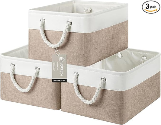 Large Storage Baskets- 15.7x11.8x8.26 inch Storage Bins for Shelves and Closet Organizing, Foldable Fabric Bin for Home Organization Clothes and Laundry (3-Pack, White&Khaki)