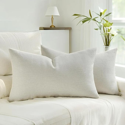 HAUSSY Cream White Throw Pillow Covers 12x20 Inch Set of 2,Boho Decorative Faux Linen Lumber Throw Pillows Cozy Farmhouse Accent Cushion Covers,Home Decor for Couch Sofa Bed Living Room