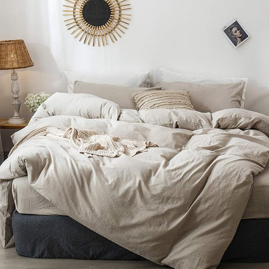 MooMee Bedding Duvet Cover Set 100% Washed Cotton Linen Like Textured Breathable Durable Soft Comfy (Heathered Tannish Linen Grey, Super Queen 90"x98")