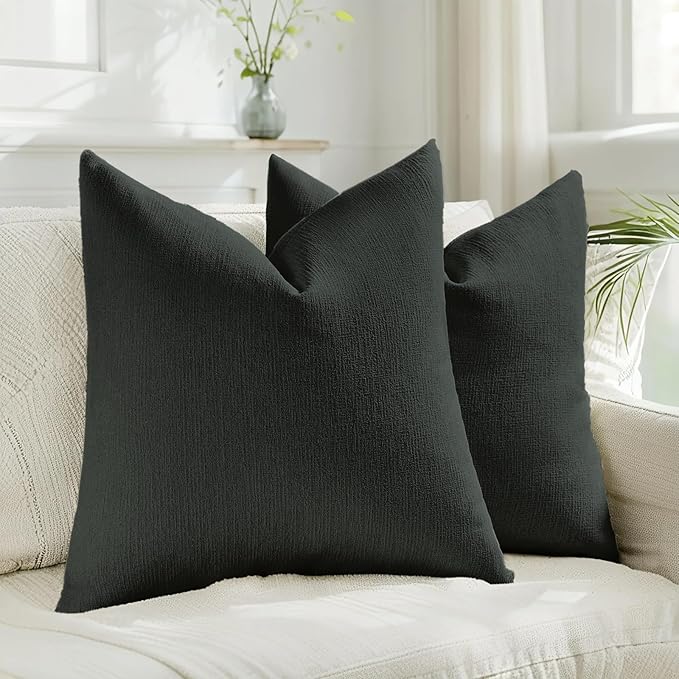 HAUSSY Black Throw Pillow Covers 18x18 Inch Set of 2,Boho Decorative Faux Linen Throw Pillows Cozy Farmhouse Accent Cushion Covers,Home Decor for Couch Sofa Bed Living Room