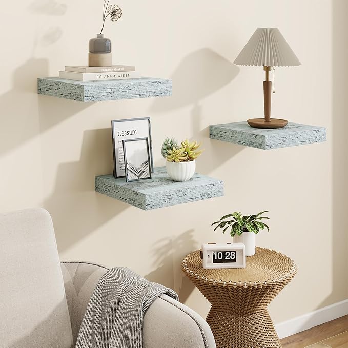 Marsmiles Square Floating Shelves for Wall, 8" W x 8" D x 1.25" H, 3 Pack Small Wall Mounted Engineered Wood Shelves with Invisible Brackets for Living Room, Bedroom, Bathroom, Kitchen Decor, Blue