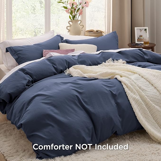 Bedsure Navy Duvet Covers Queen Size - Prewashed Cotton-Like Duvet Cover, Soft Queen Duvet Cover Set 3 Pieces with Zipper Closure, 1 Duvet Cover 90x90 inches and 2 Pillow Shams