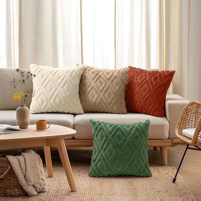 decorUhome Pack of 4 Faux Fur Christmas Throw Pillow Covers 18x18, Soft Decorative Couch Pillow Covers with Velvet Back for Modern Sofa Living Room, Khaki/Rust