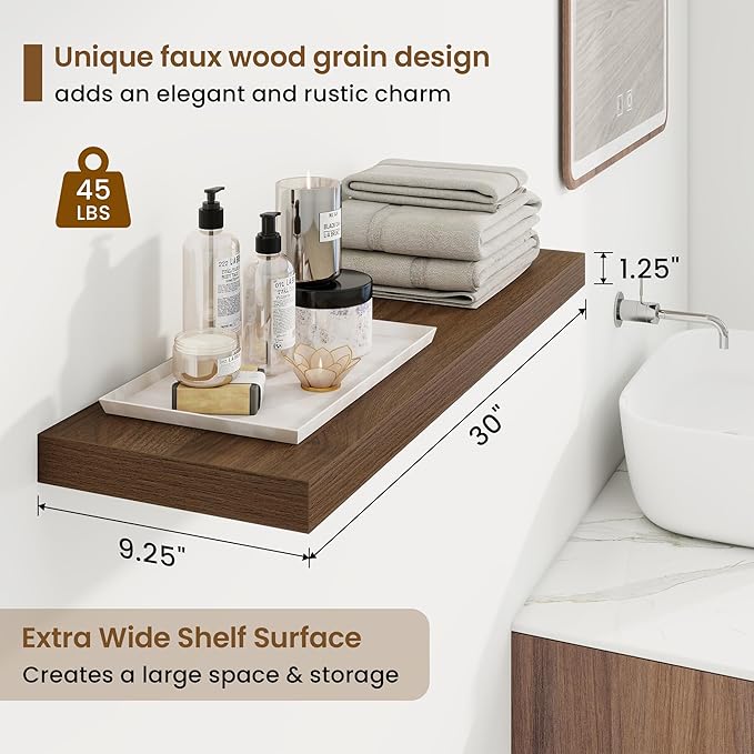 30in Floating Shelves for Wall, 30"W x 9.25"D x 1.25"H, 2 Pack Long Wall Mounted Engineered Wood Shelves with Invisible Brackets for Living Room, Bedroom, Bathroom, Kitchen Decor and Storage, Walnut
