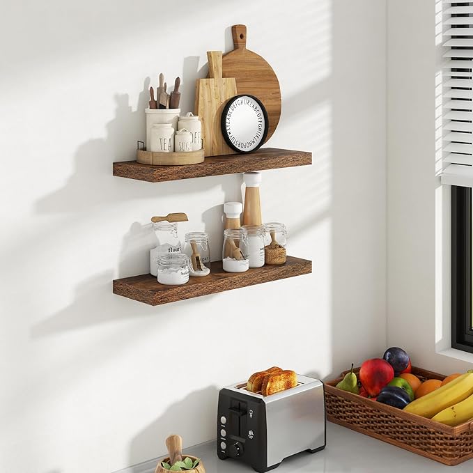 24 Inch Floating Shelves, 8 Inch Deep Floating Shelves for Wall, Hanging Shelf with Invisible Brackets, Deep Shelves for Bathroom, Bedroom, Living Room, Brown, Set of 2