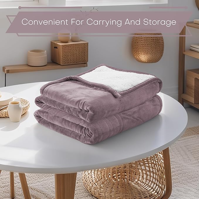 Electric Heated Blanket Throw Size 50"x60" - Flannel & Sherpa Fabric Dual-Sided, 6 Heat Settings & 1-3 Hours Auto Off, Soft & Cozy Machine Washable, Lavender Purple